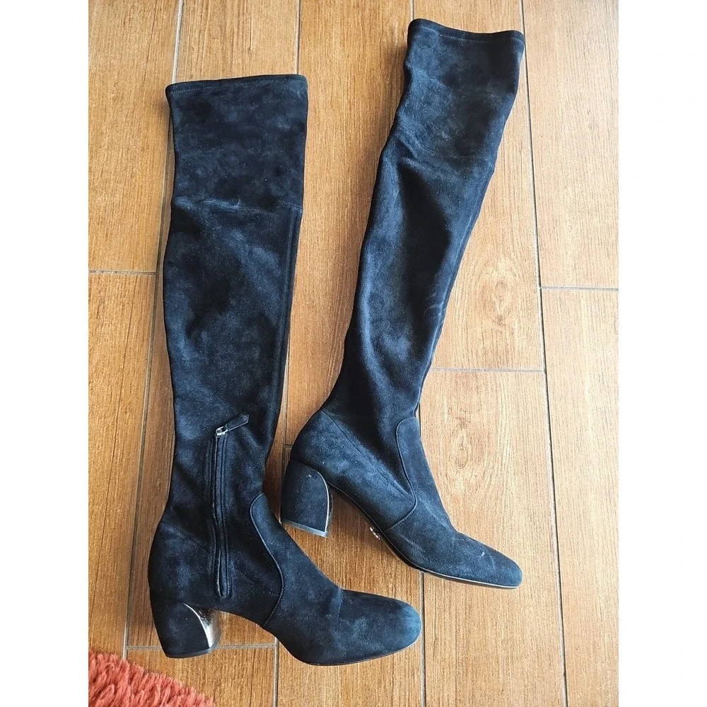 Women's Prada Black SUEDE‎ Leather Over-the-knee Block Heel Round Toe Boots TP01